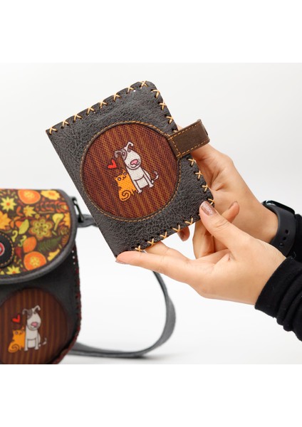 Kedi ve Köpek Figürlü Tasarımlı Capraz Örgulu Kol Cantası Antrasit ve Cuzdan Antrasit Kombin modelleri