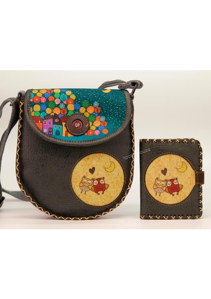 Baykuş Figürlü Tasarımlı Capraz Örgulu Kol Cantası Antrasit ve Cuzdan Antrasit Kombin