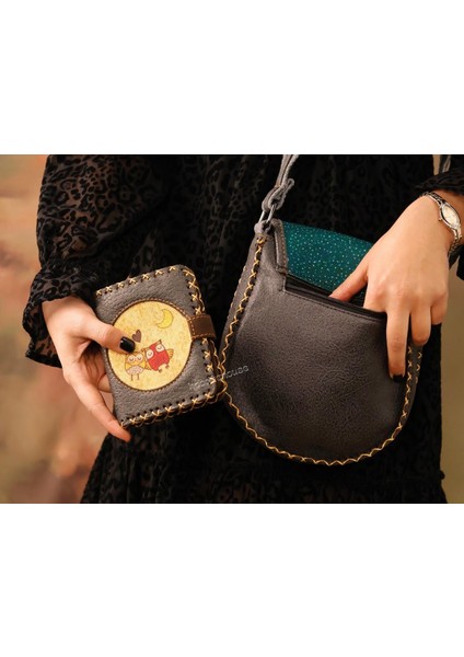 Baykuş Figürlü Tasarımlı Capraz Örgulu Kol Cantası Antrasit ve Cuzdan Antrasit Kombin modelleri