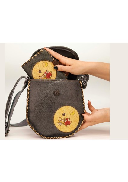 Baykuş Figürlü Tasarımlı Capraz Örgulu Kol Cantası Antrasit ve Cuzdan Antrasit Kombin indirimleri