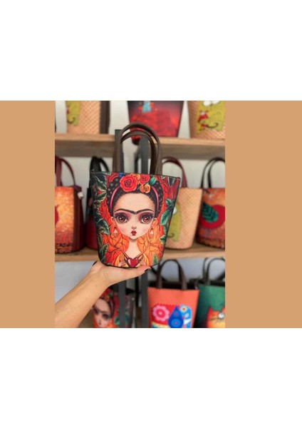 Frida Figürlü Kova Model Çanta Etnik Bohem Style - Kahve