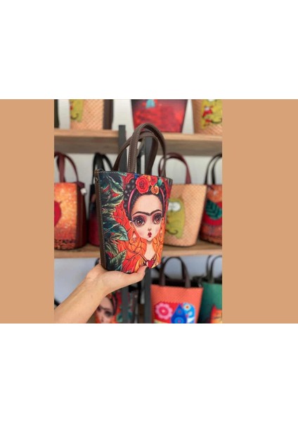Frida Figürlü Kova Model Çanta Etnik Bohem Style - Kahve