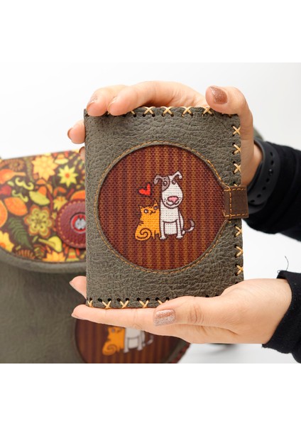 Kedi ve Köpek Figürlü Küçük Cüzdan Etnik Bohem Retro Style -Yesil
