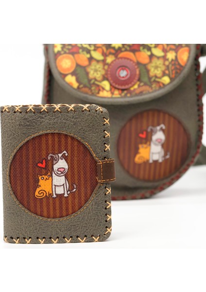 Kedi ve Köpek Figürlü Küçük Cüzdan Etnik Bohem Retro Style -Yesil