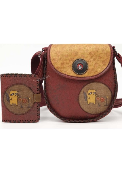 Rakun Figürlü Tasarımlı Capraz Örgulu Kol Cantası Bordo ve Cuzdan Bordo Kombin fırsatları