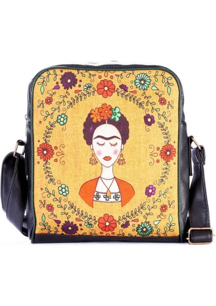 Frida Kahlo Figürlü Büyük Postacı Kol Çantası Etnik Bohem Style - Siyah