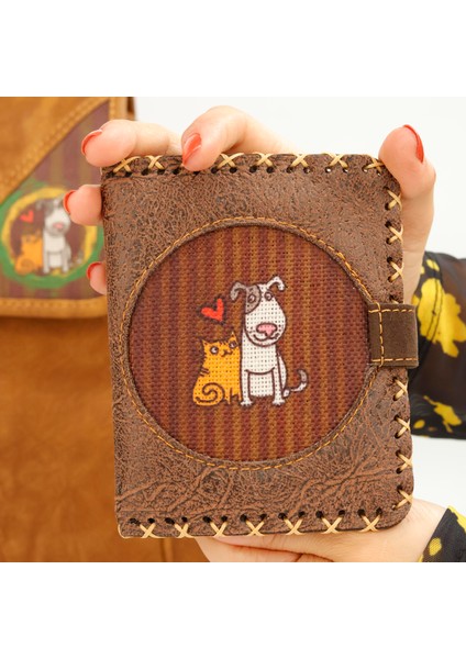 Kedi ve Köpek Figürlü Küçük Cüzdan Etnik Bohem Retro Style - Kahverengi