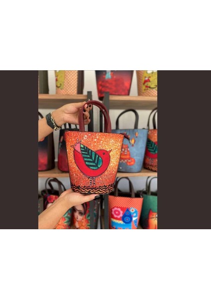 Kuş Figürlü Kova Model Çanta Etnik Bohem Style - Bordo