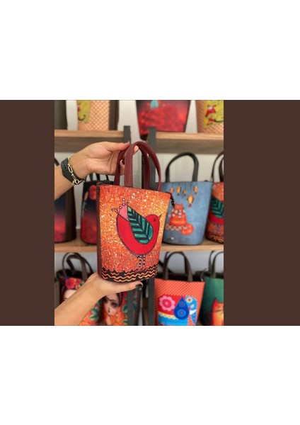 Kuş Figürlü Kova Model Çanta Etnik Bohem Style - Bordo