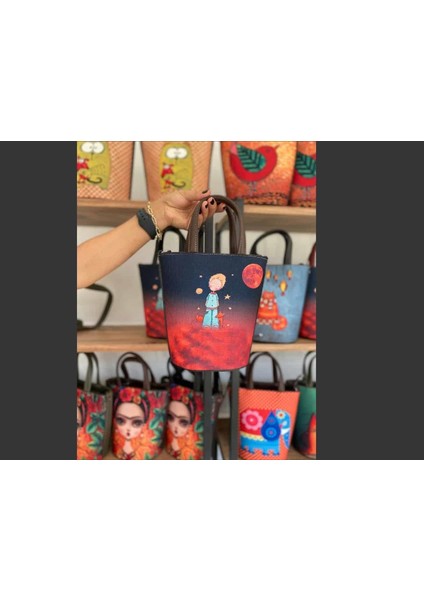 Küçük Prens Figürlü Kova Model Çanta Etnik Bohem Style - Kahve