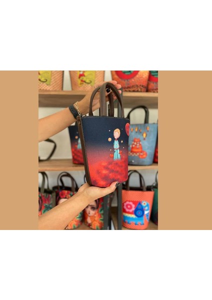 Küçük Prens Figürlü Kova Model Çanta Etnik Bohem Style - Kahve