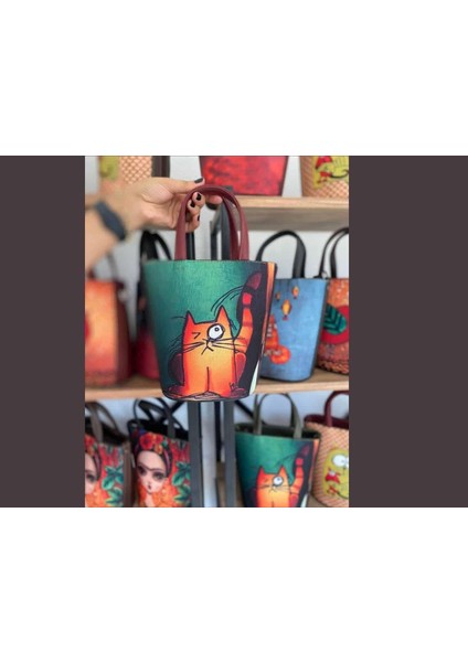 Kedi Figürlü Kova Model Çanta Etnik Bohem Style - Bordo