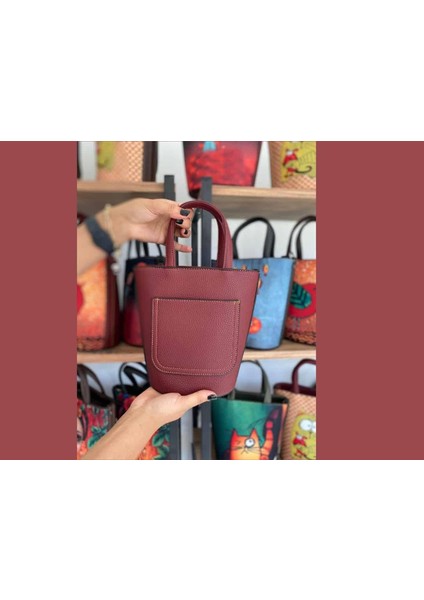 Kedi Figürlü Kova Model Çanta Etnik Bohem Style - Bordo