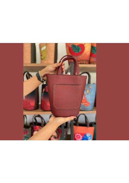 Kedi Fare Figürlü Kova Model Çanta Etnik Bohem Style - Bordo