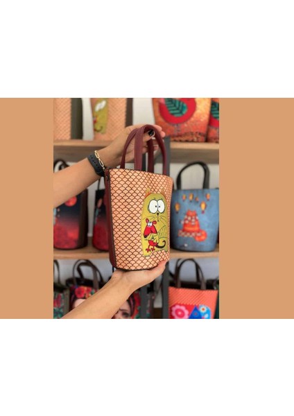 Kedi Fare Figürlü Kova Model Çanta Etnik Bohem Style - Bordo