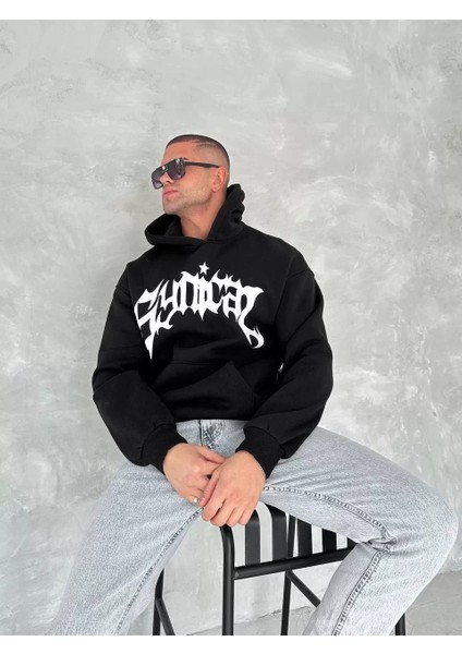 Unisex Üç Iplik Kapşonlu Baskılı Sweatshirt - Siyah