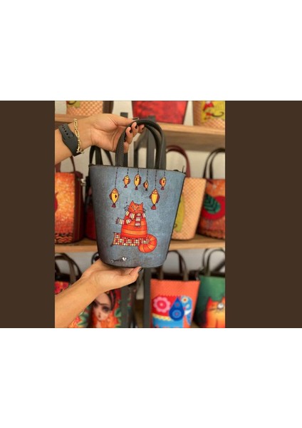 Kedi Balık Figürlü Kova Model Çanta Etnik Bohem Style - Siyah