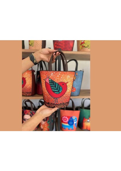 Kuş Figürlü Kova Model Çanta Etnik Bohem Style - Kahve