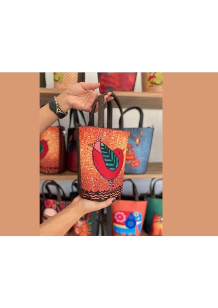 Kuş Figürlü Kova Model Çanta Etnik Bohem Style - Kahve