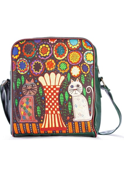 Vazo ve Kedi Figürlü Büyük Postacı Kol Çantası Etnik Bohem Style - Yeşil modelleri