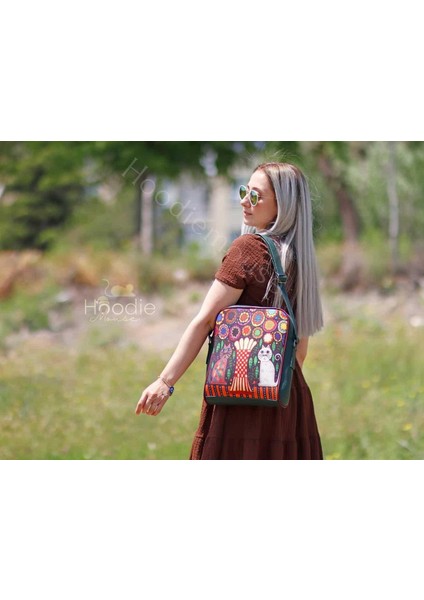 Vazo ve Kedi Figürlü Büyük Postacı Kol Çantası Etnik Bohem Style - Yeşil fiyatları