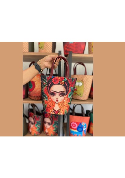 Frida Figürlü Kova Model Çanta Etnik Bohem Style - Bordo