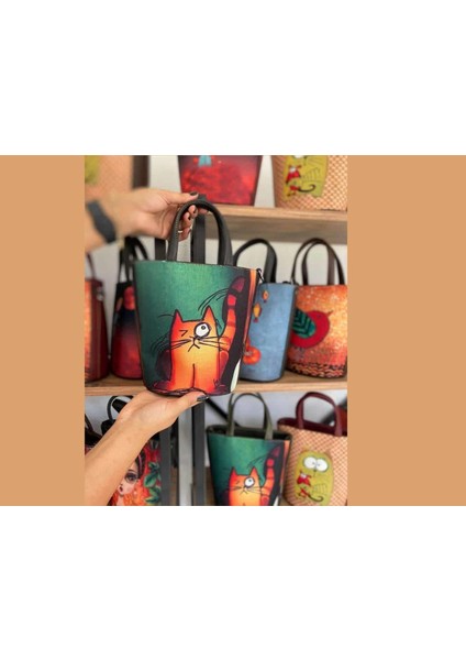 Kedi Figürlü Kova Model Çanta Etnik Bohem Style - Siyah
