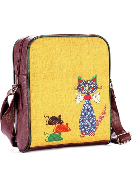 Fare Kedi Figürlü Büyük Postacı Kol Çantası Etnik Bohem Style - Bordo