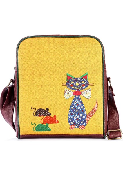 Fare Kedi Figürlü Büyük Postacı Kol Çantası Etnik Bohem Style - Bordo