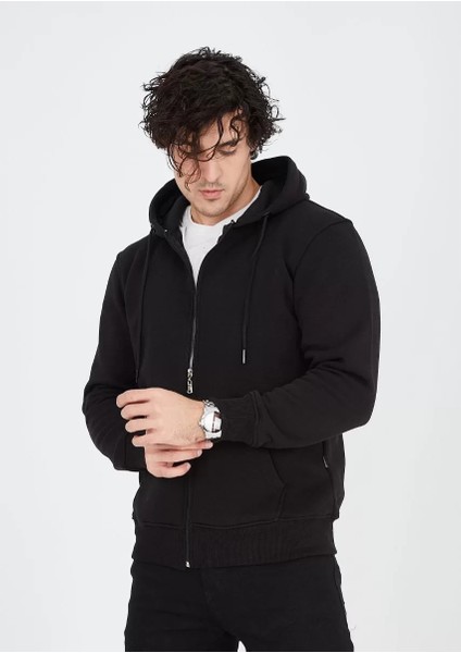 Unisex Tam Fermuarlı Kapşonlu Sweatshirt - Siyah