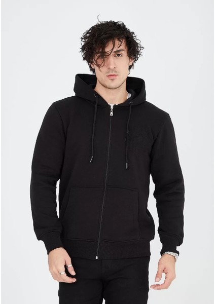 Unisex Tam Fermuarlı Kapşonlu Sweatshirt - Siyah fırsatları
