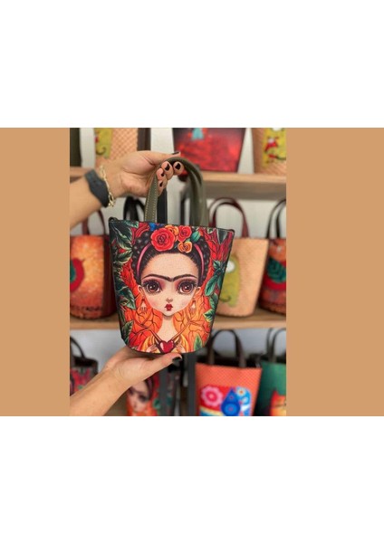 Frida Figürlü Kova Model Çanta Etnik Bohem Style - Yeşil