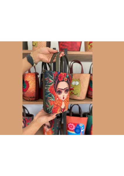 Frida Figürlü Kova Model Çanta Etnik Bohem Style - Yeşil