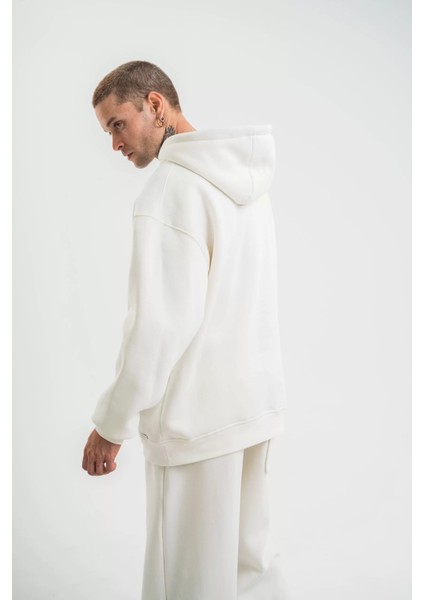 Unisex Double Oversize Kapşonlu Basic Sweatshirt - Beyaz fırsatları