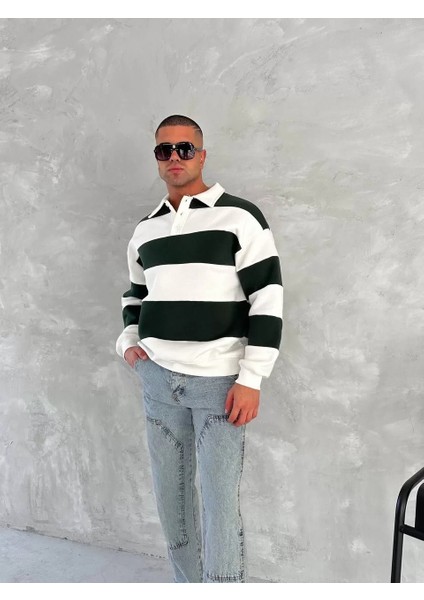 Unisex Üç Iplik Parçalı Yakalı Sweatshirt - Yeşil