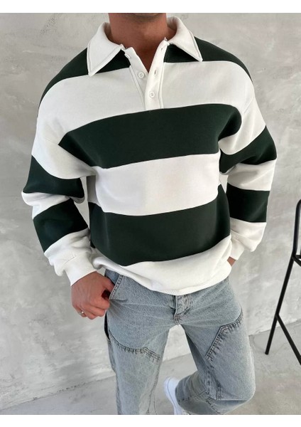 Unisex Üç Iplik Parçalı Yakalı Sweatshirt - Yeşil fiyatları