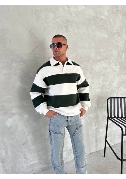 Unisex Üç Iplik Parçalı Yakalı Sweatshirt - Yeşil modelleri