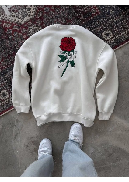 Unisex Bisiklet Yaka Ön ve Arka Baskılı Sweatshirt - Beyaz fiyatları