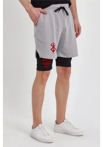 Unisex Baskılı Iç Cepli Sporcu Alt Taytlı Şort - Gri