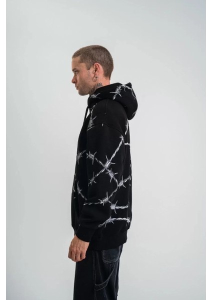 Unisex Kapşonlu Varak ve Pano Baskılı Sweatshirt- Siyah modelleri