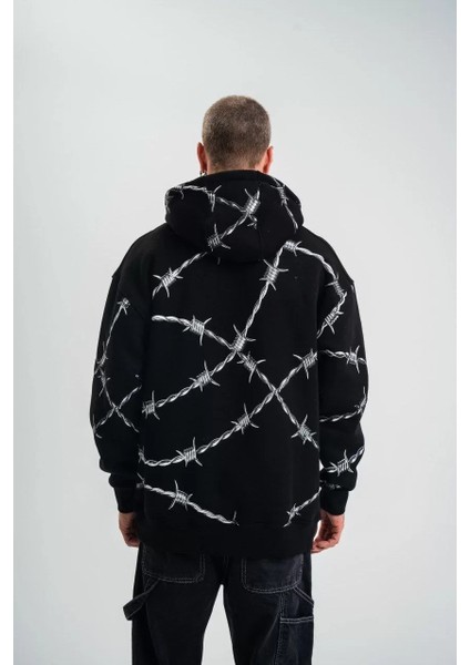 Unisex Kapşonlu Varak ve Pano Baskılı Sweatshirt- Siyah fırsatları