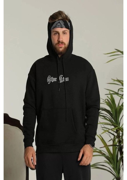 Erkek Sırt Baskılı Oversize Üç Iplik Kapüşonlu Sweatshirt - Siyah modelleri