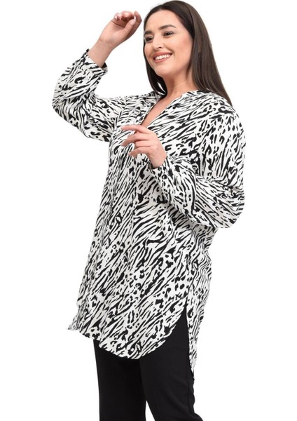 Rahatlığı Arayanlara Özel: Viskon Hakim Yaka Zebra Desen Tunik