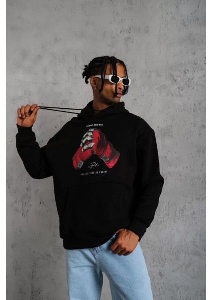 Erkek Eldiven Baskılı Kapüşonlu Sweat - Siyah