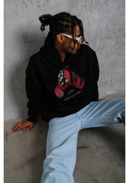 Erkek Eldiven Baskılı Kapüşonlu Sweat - Siyah