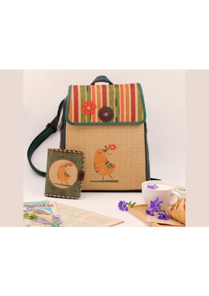 Kuş Figürlü Kapaklı Sırt Çantası Kahverengi, Cüzdan Yesil Etnik Bohem Style Kombin