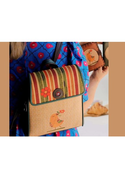 Kuş Figürlü Kapaklı Sırt Çantası Kahverengi, Cüzdan Yesil Etnik Bohem Style Kombin indirimleri