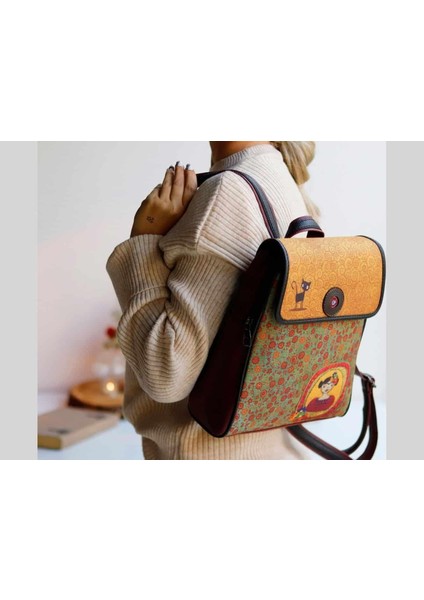 Frida Figürlü Kapaklı Sırt Çantası Etnik Bohem Style Cüzdan Kombin Hardal fiyatları