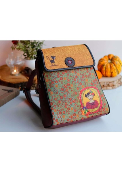 Frida Figürlü Kapaklı Sırt Çantası Etnik Bohem Style Cüzdan Kombin Hardal fırsatları