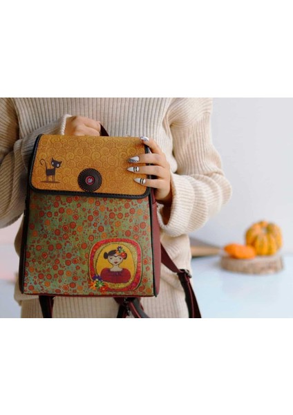 Frida Figürlü Kapaklı Sırt Çantası Etnik Bohem Style Cüzdan Kombin Hardal indirimleri